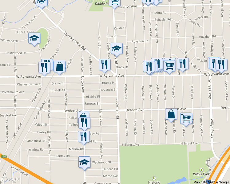 map of restaurants, bars, coffee shops, grocery stores, and more near 3922 Jackman Road in Toledo