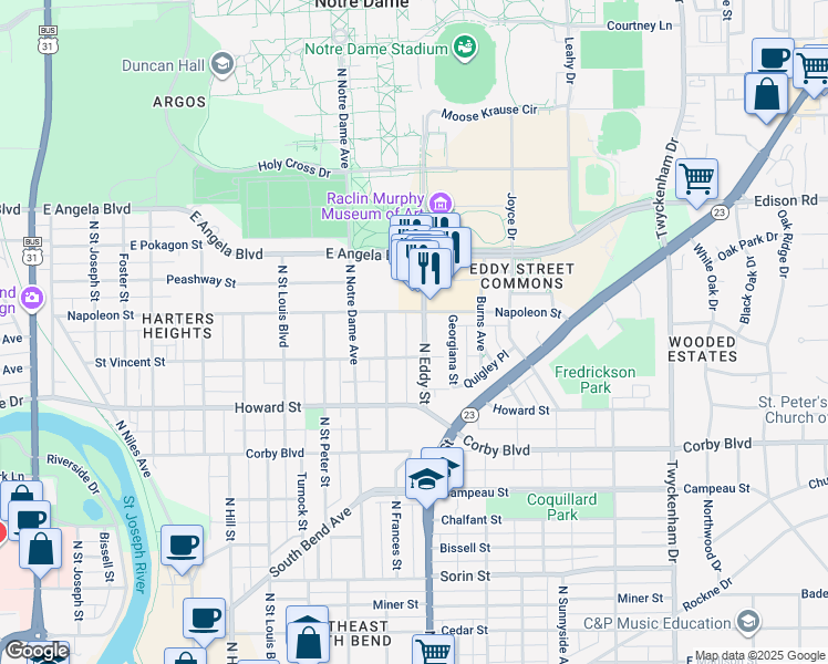 map of restaurants, bars, coffee shops, grocery stores, and more near 1233 North Eddy Street in South Bend
