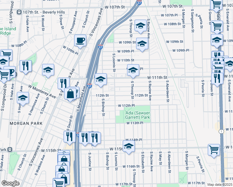 map of restaurants, bars, coffee shops, grocery stores, and more near 11138 South Loomis Street in Chicago