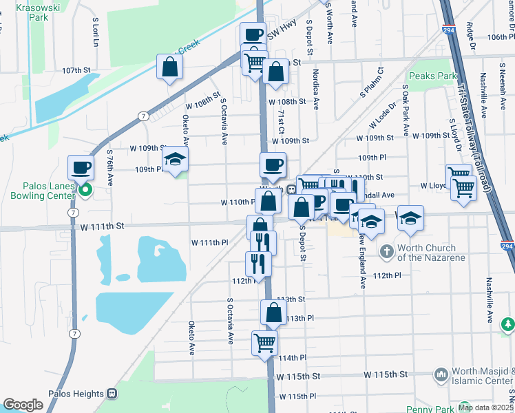 map of restaurants, bars, coffee shops, grocery stores, and more near 7208 West 110th Place in Worth