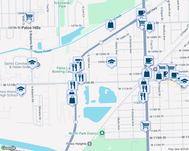 map of restaurants, bars, coffee shops, grocery stores, and more near 11023 South 76th Avenue in Worth
