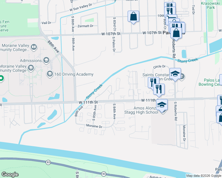map of restaurants, bars, coffee shops, grocery stores, and more near 11030 Theresa Circle in Palos Hills