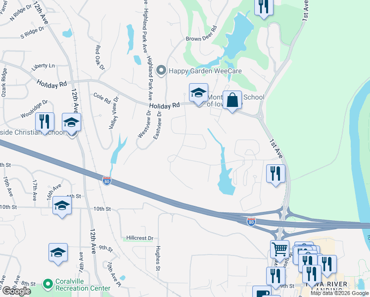 map of restaurants, bars, coffee shops, grocery stores, and more near 1300-1398 High Country Road in Coralville