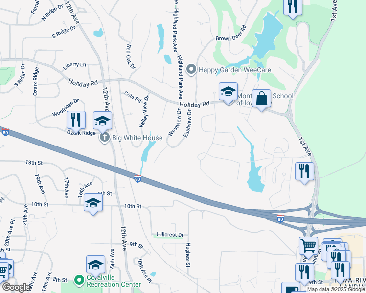 map of restaurants, bars, coffee shops, grocery stores, and more near 1422 Eastview Drive in Coralville