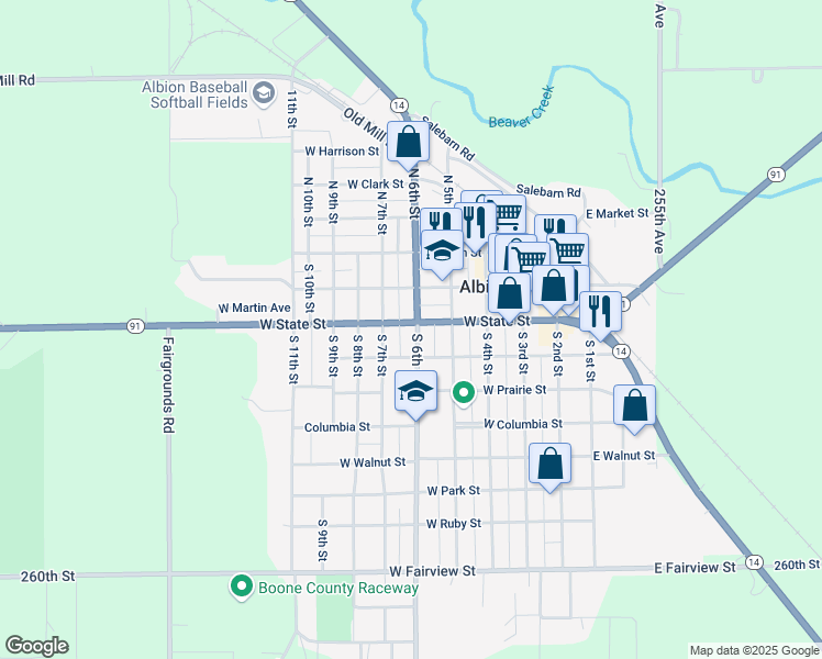 map of restaurants, bars, coffee shops, grocery stores, and more near East Church Street in Albion