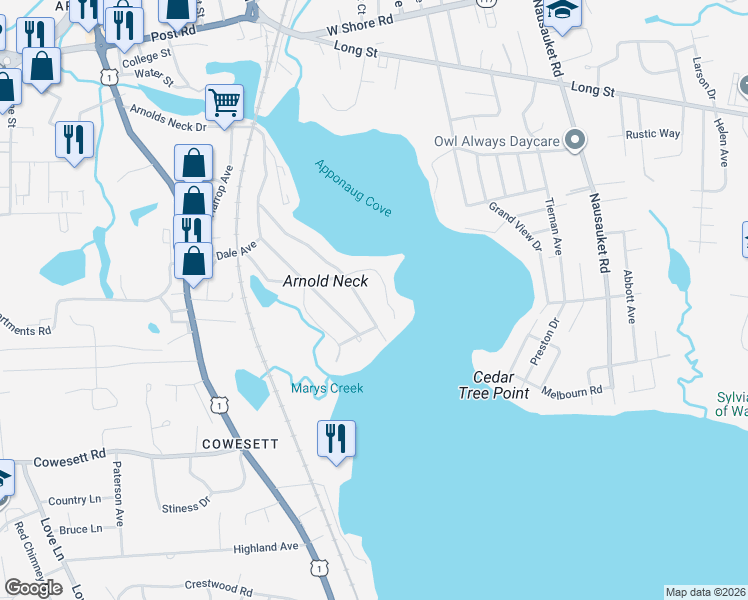 map of restaurants, bars, coffee shops, grocery stores, and more near 49 Arnolds Neck Drive in Warwick