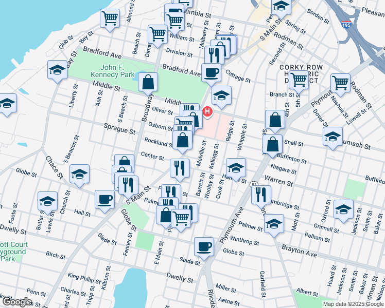 map of restaurants, bars, coffee shops, grocery stores, and more near 71 Melville Street in Fall River