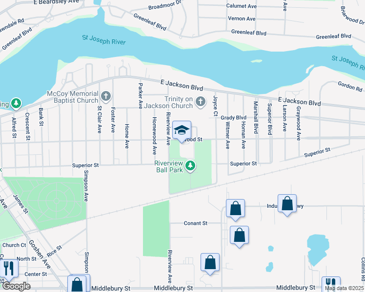 map of restaurants, bars, coffee shops, grocery stores, and more near 2509 Wood Street in Elkhart