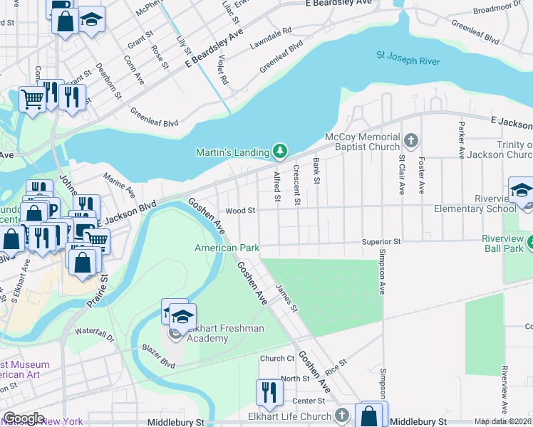 map of restaurants, bars, coffee shops, grocery stores, and more near 1320 Wood St in Elkhart