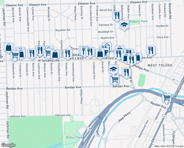 map of restaurants, bars, coffee shops, grocery stores, and more near 3859 Lockwood Avenue in Toledo