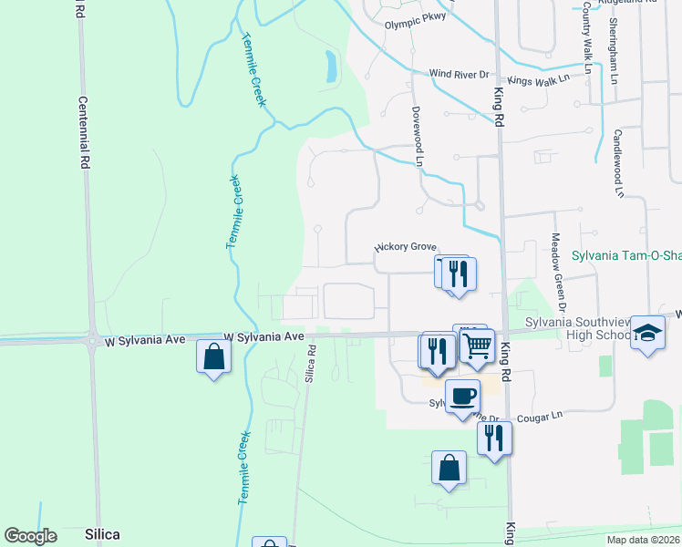 map of restaurants, bars, coffee shops, grocery stores, and more near 4202 Stratford Court in Sylvania