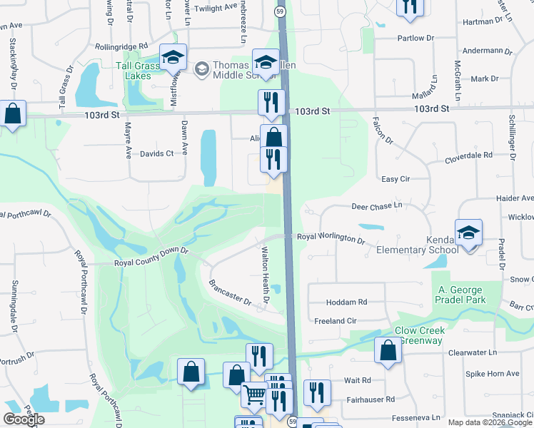 map of restaurants, bars, coffee shops, grocery stores, and more near 24032 Royal Worlington Drive in Naperville