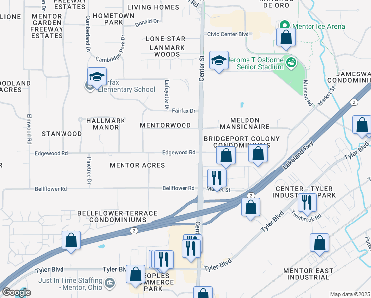 map of restaurants, bars, coffee shops, grocery stores, and more near 6600 Center Street in Mentor