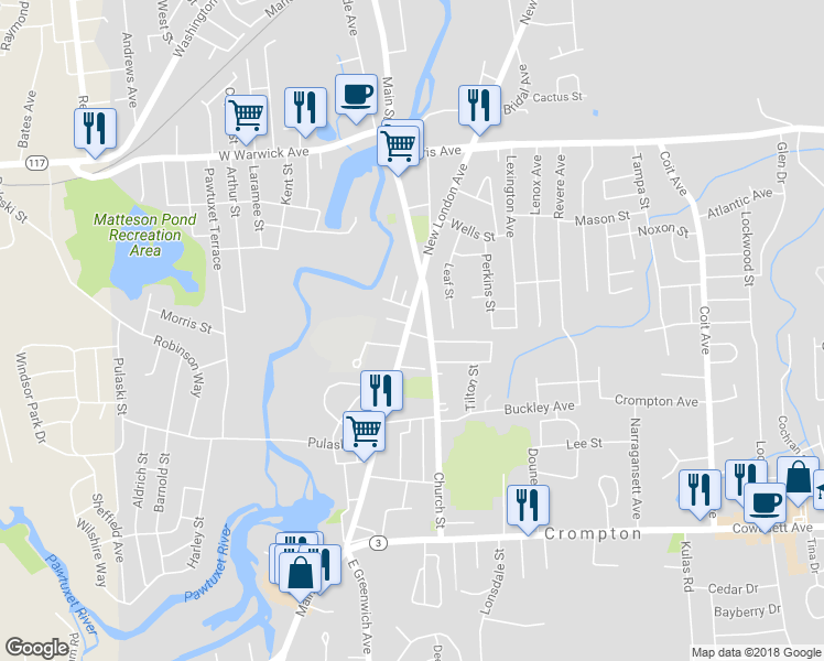 map of restaurants, bars, coffee shops, grocery stores, and more near 1564 Main Street in West Warwick