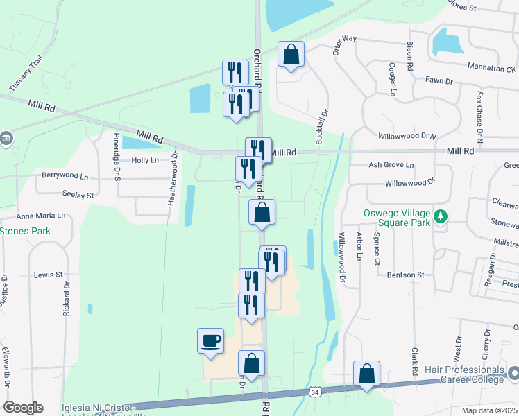 map of restaurants, bars, coffee shops, grocery stores, and more near 2521 Orchard Road in Oswego