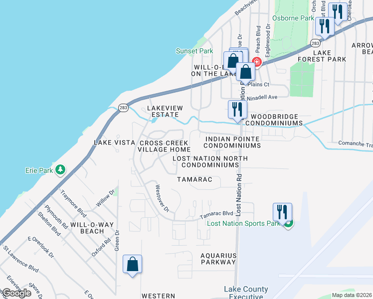 map of restaurants, bars, coffee shops, grocery stores, and more near 1317 Beech Street in Willoughby