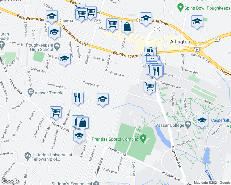 map of restaurants, bars, coffee shops, grocery stores, and more near 128 College Avenue in Poughkeepsie