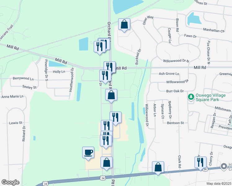 map of restaurants, bars, coffee shops, grocery stores, and more near 2521 Orchard Road in Oswego