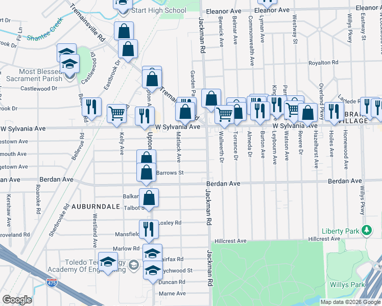map of restaurants, bars, coffee shops, grocery stores, and more near 1730 Brussels Street in Toledo