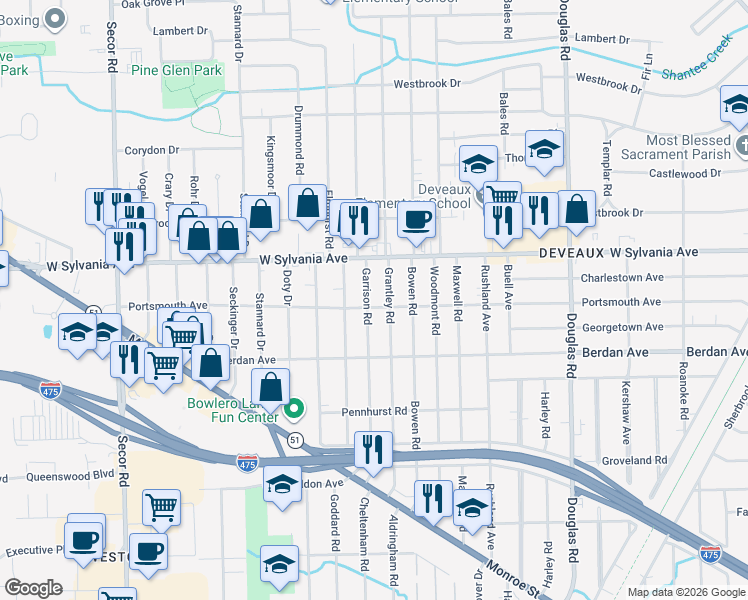 map of restaurants, bars, coffee shops, grocery stores, and more near 3920 Grantley Road in Toledo