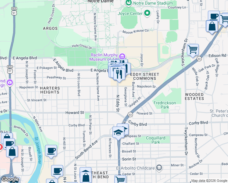 map of restaurants, bars, coffee shops, grocery stores, and more near 1145 North Eddy Street in South Bend