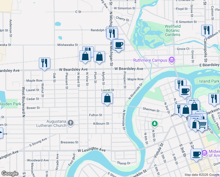 map of restaurants, bars, coffee shops, grocery stores, and more near 613 N Michigan St in Elkhart