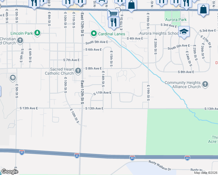 map of restaurants, bars, coffee shops, grocery stores, and more near 907 East 15th Street South in Newton