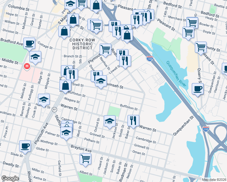 map of restaurants, bars, coffee shops, grocery stores, and more near 351 Tecumseh Street in Fall River