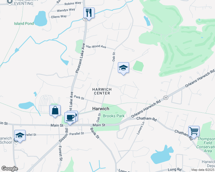 map of restaurants, bars, coffee shops, grocery stores, and more near 75 Oak Street in Harwich