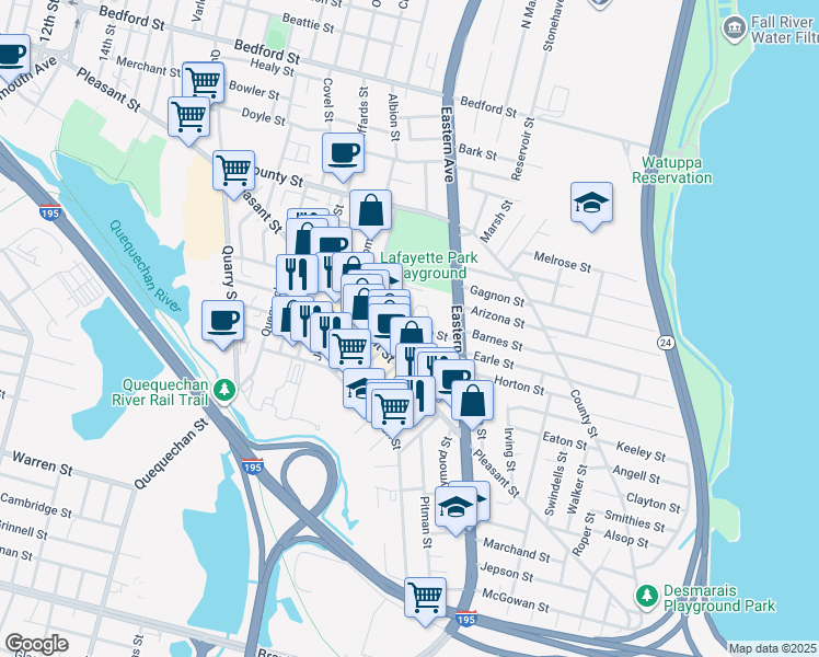 map of restaurants, bars, coffee shops, grocery stores, and more near 98 Saint Joseph Street in Fall River