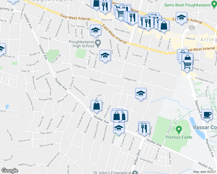 map of restaurants, bars, coffee shops, grocery stores, and more near 64 Glenwood Avenue in Poughkeepsie