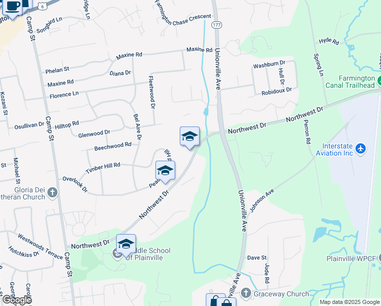 map of restaurants, bars, coffee shops, grocery stores, and more near 109 Northwest Drive in Plainville