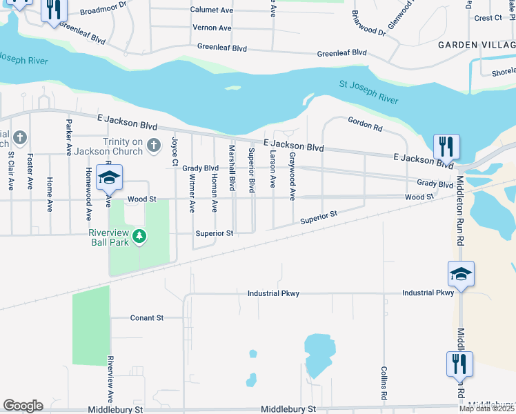 map of restaurants, bars, coffee shops, grocery stores, and more near 3117 Wood Street in Elkhart