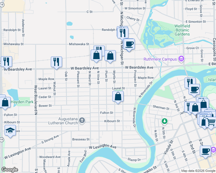 map of restaurants, bars, coffee shops, grocery stores, and more near 614 Plum St in Elkhart