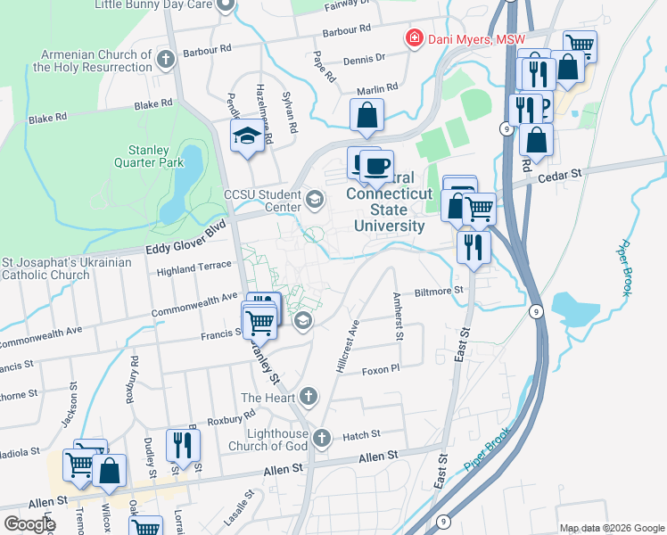 map of restaurants, bars, coffee shops, grocery stores, and more near 1615 Stanley Street in New Britain