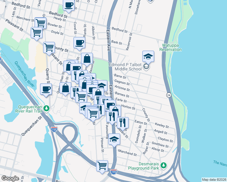 map of restaurants, bars, coffee shops, grocery stores, and more near 490 Eastern Avenue in Fall River