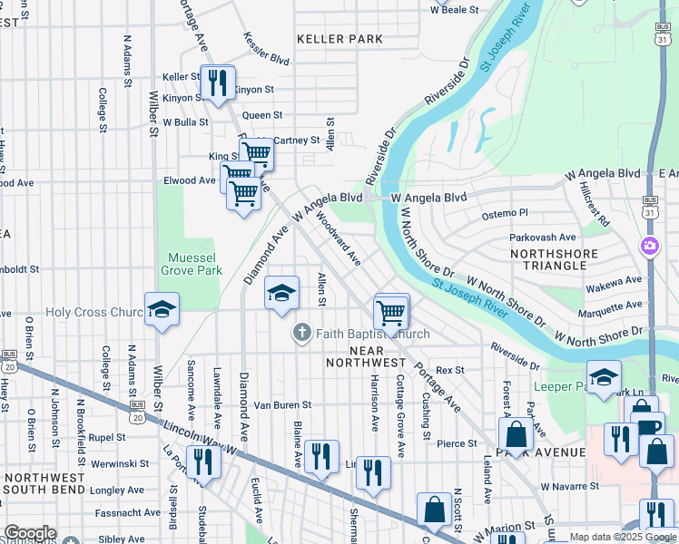 map of restaurants, bars, coffee shops, grocery stores, and more near 1146 Portage Avenue in South Bend