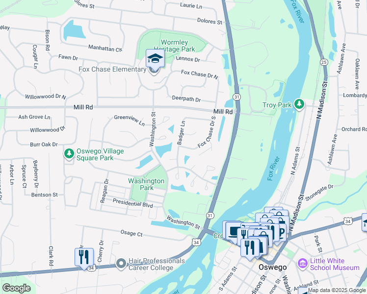 map of restaurants, bars, coffee shops, grocery stores, and more near 103 Fox Chase Drive South in Oswego