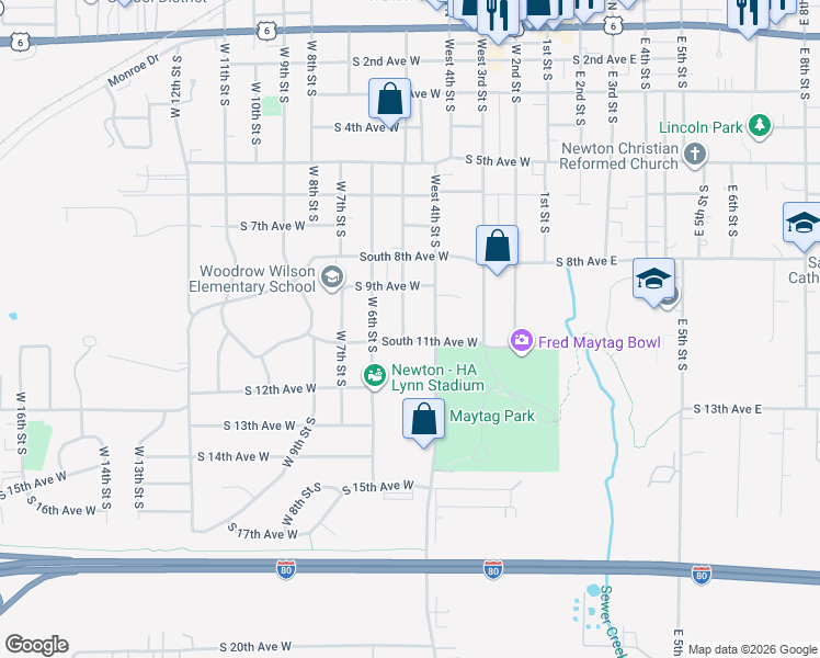 map of restaurants, bars, coffee shops, grocery stores, and more near 1007 West 4th Street South in Newton
