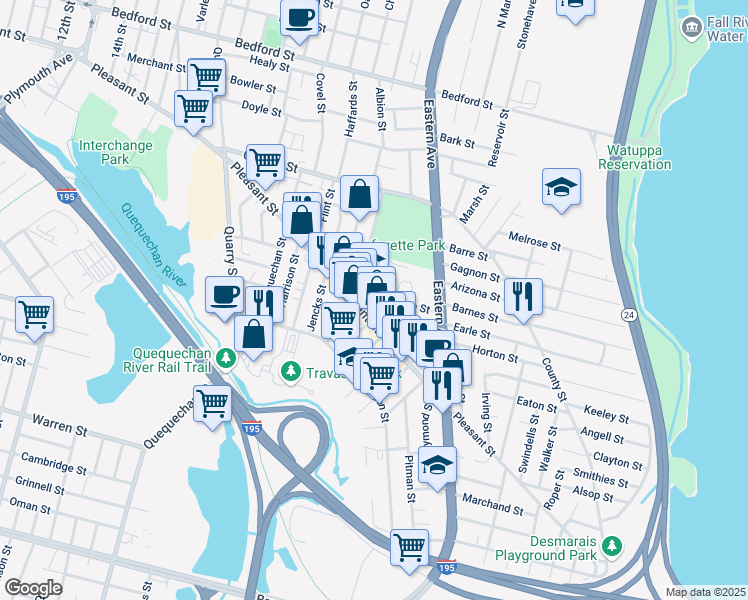 map of restaurants, bars, coffee shops, grocery stores, and more near 34 Saint Joseph Street in Fall River