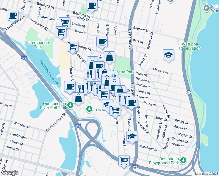map of restaurants, bars, coffee shops, grocery stores, and more near 1384 Pleasant Street in Fall River
