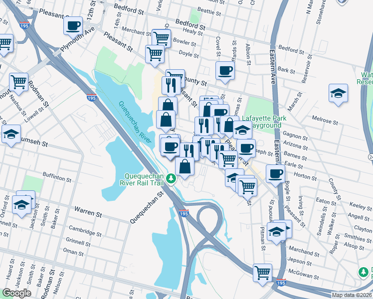 map of restaurants, bars, coffee shops, grocery stores, and more near 6 Lebanon Street in Fall River
