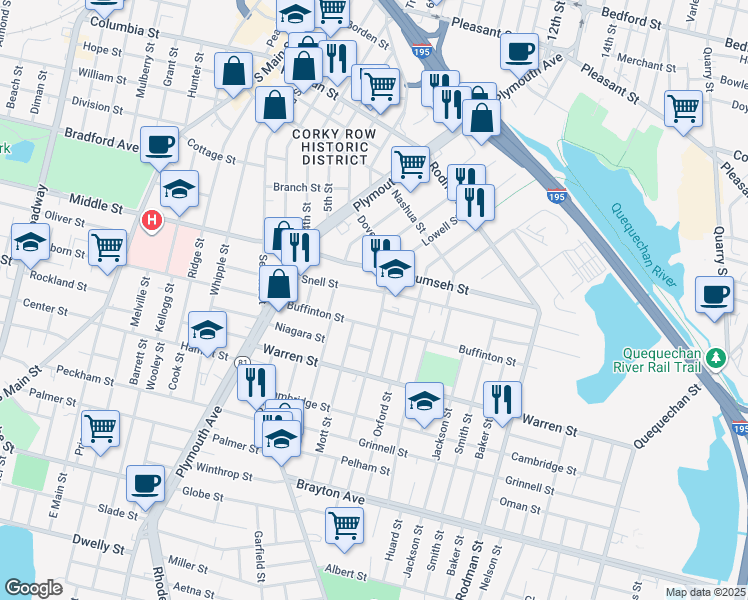 map of restaurants, bars, coffee shops, grocery stores, and more near 208 Snell Street in Fall River