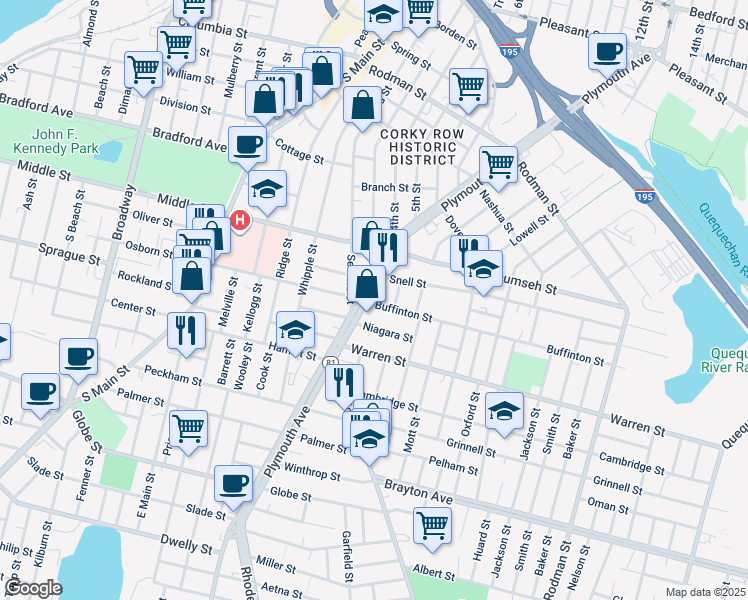 map of restaurants, bars, coffee shops, grocery stores, and more near 867 Plymouth Avenue in Fall River