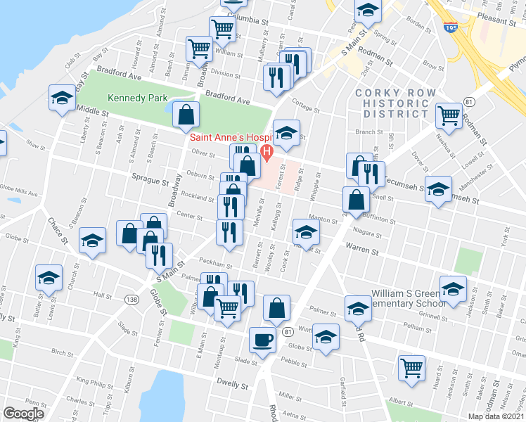 map of restaurants, bars, coffee shops, grocery stores, and more near 71 Melville Street in Fall River