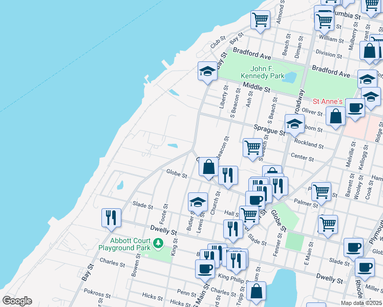 map of restaurants, bars, coffee shops, grocery stores, and more near 701 Bay Street in Fall River