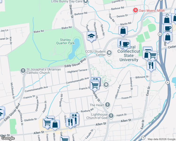 map of restaurants, bars, coffee shops, grocery stores, and more near 1646 Stanley Street in New Britain