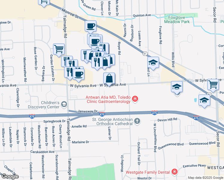 map of restaurants, bars, coffee shops, grocery stores, and more near 4021 W Sylvania Ave in Toledo