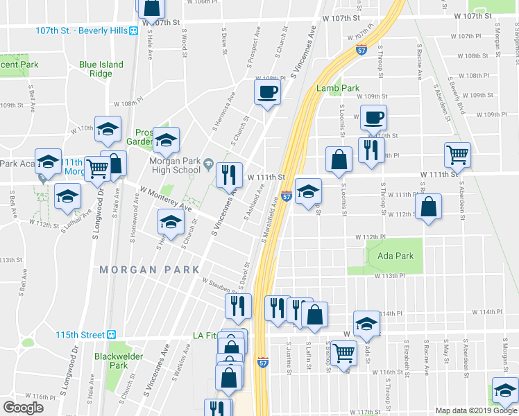 map of restaurants, bars, coffee shops, grocery stores, and more near 11132 South Hamlet Avenue in Chicago