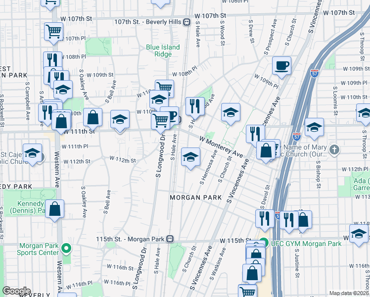map of restaurants, bars, coffee shops, grocery stores, and more near 11120 South Homewood Avenue in Chicago